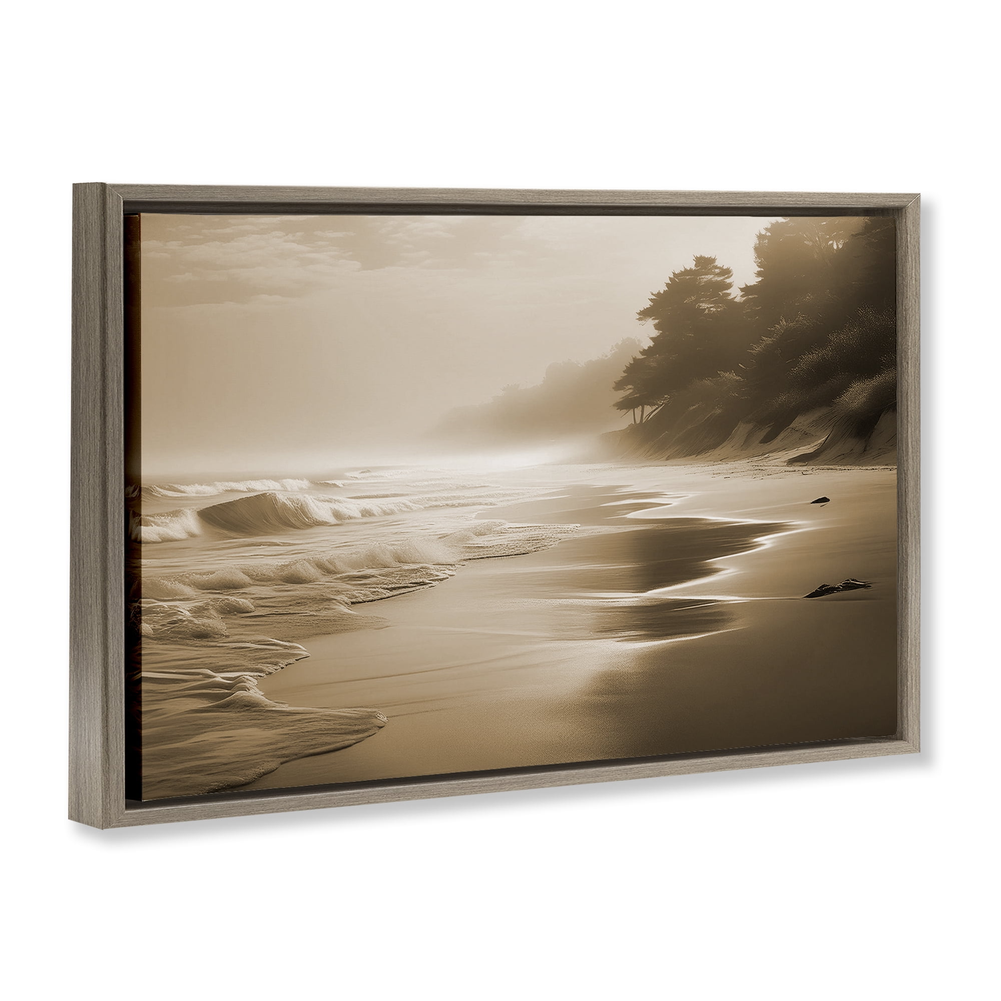 Stupell Industries Sepia Smooth Beach Landscape Landscape & Nature Photography Brown Floater Framed Canvas Art Print Wall Art, 31 x 21