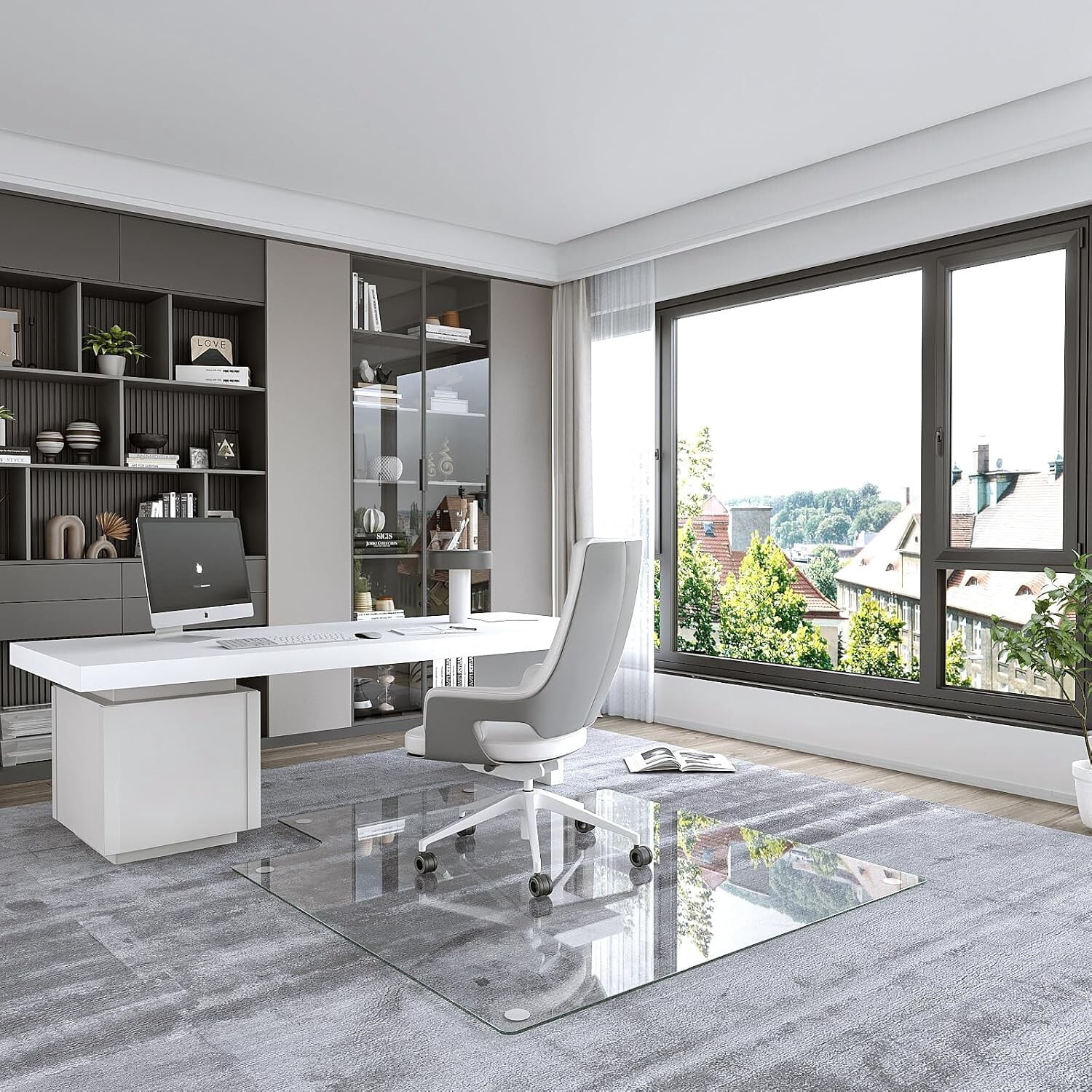 Easy4Home 53"x45" Glass Chair Mat for Office Chairs, Irregular Shape Tempered Glass Floor Protector Heavy Duty Desk Chair Mat, Clear
