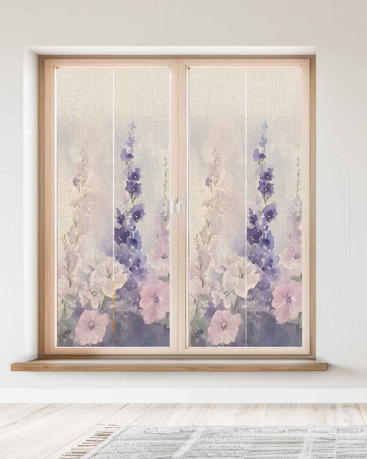 Window Privacy Film Watercolor Lavender Stained Glass Window Film Decorative Sun Block Window Cover Country Spring Field Leaf Wildflower Window Clings Static Adhesive Sticker for Bathroom 23.6"x59"