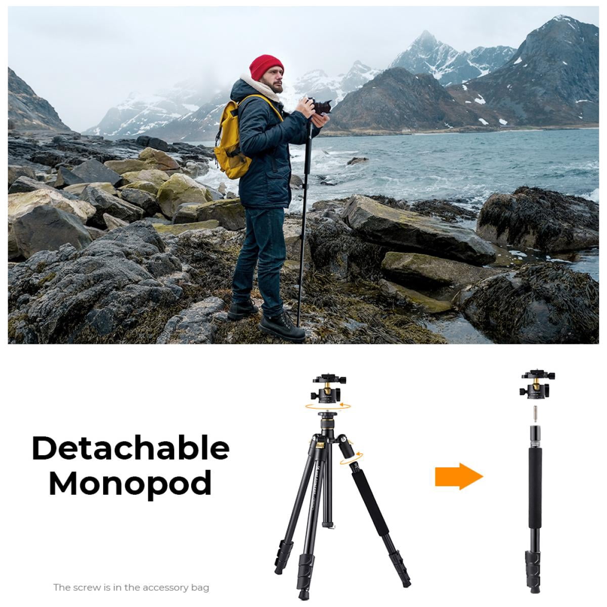 K&F Concept 64"/1.6m Lightweight Travel Tripod Compact Aluminum Alloy Tripod 10kg/22lbs Load Capacity with 28mm Metal Ball Head & Detachable Monopod Golden