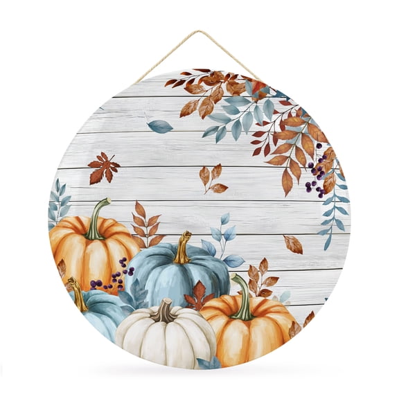 Welcome Sign for Front Door, Fall Pumpkins Orange Blue Round Metal Wall Art Wreaths, Thanksgiving Botanical Vintage Outdoor Indoor Wall Hanging Sign for Porch Decor Housewarming Gifts 11.8 Inch