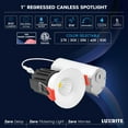 thumbnail image 7 of Luxrite 1 Inch LED Recessed Canless Regressed Light with J-Box, 9W, 5CCT, 800LM, Dimmable Spotlight, IC Rated ETL 4 Pack, 7 of 7