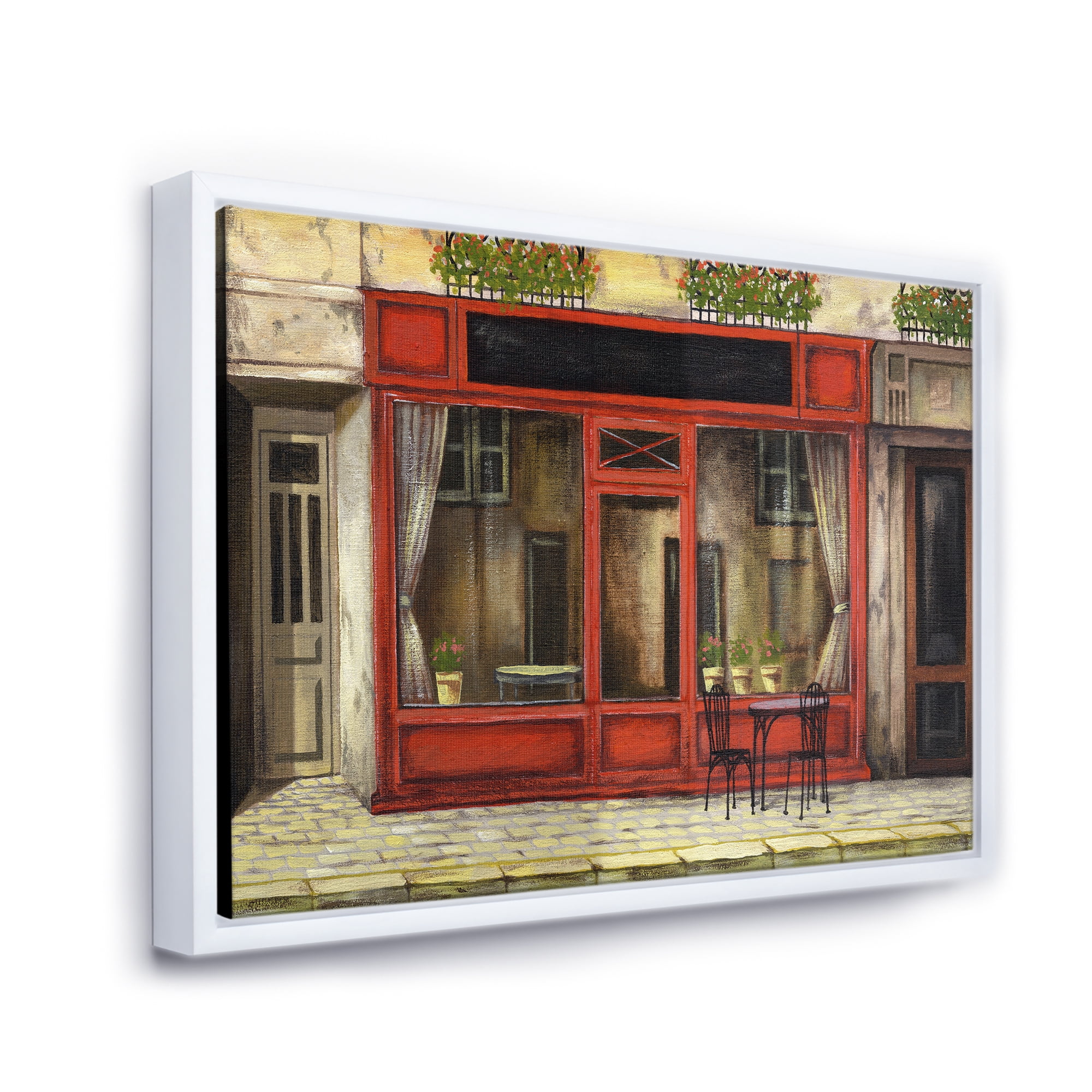 Designart 'Red Facade of Charming Shop In Paris Street I' French Country Framed Canvas Wall Art Print