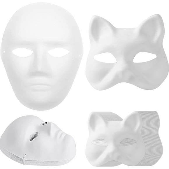 30 Piece Blank Paper Mache Mask Set Multi Size White Cat Face Cover Event Art Craft