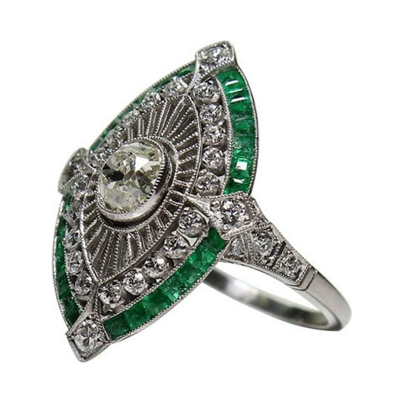 Vintage 925 Sterling Silver Emerald Ring Cocktail Rings Oval Cut Green Gem Cubic Zirconia Anniversary Promise Ring CZ Eternity Engagement Wedding Band Ring for Women