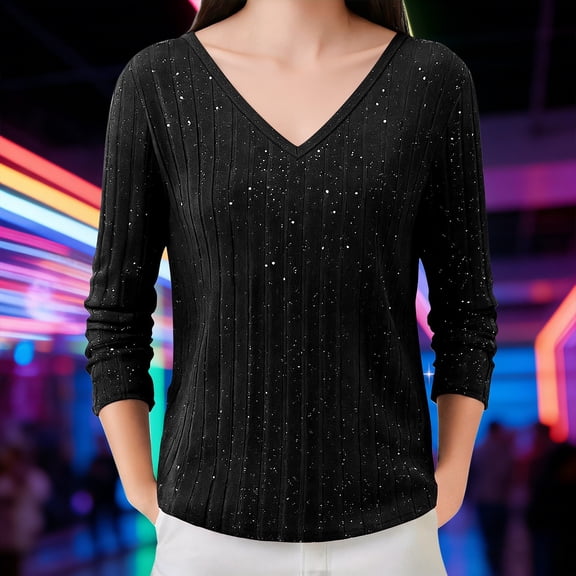 Womens Blouses Women's Winter V Neck Real Sequin Glitter Knitted Sweater Fashion Clothing