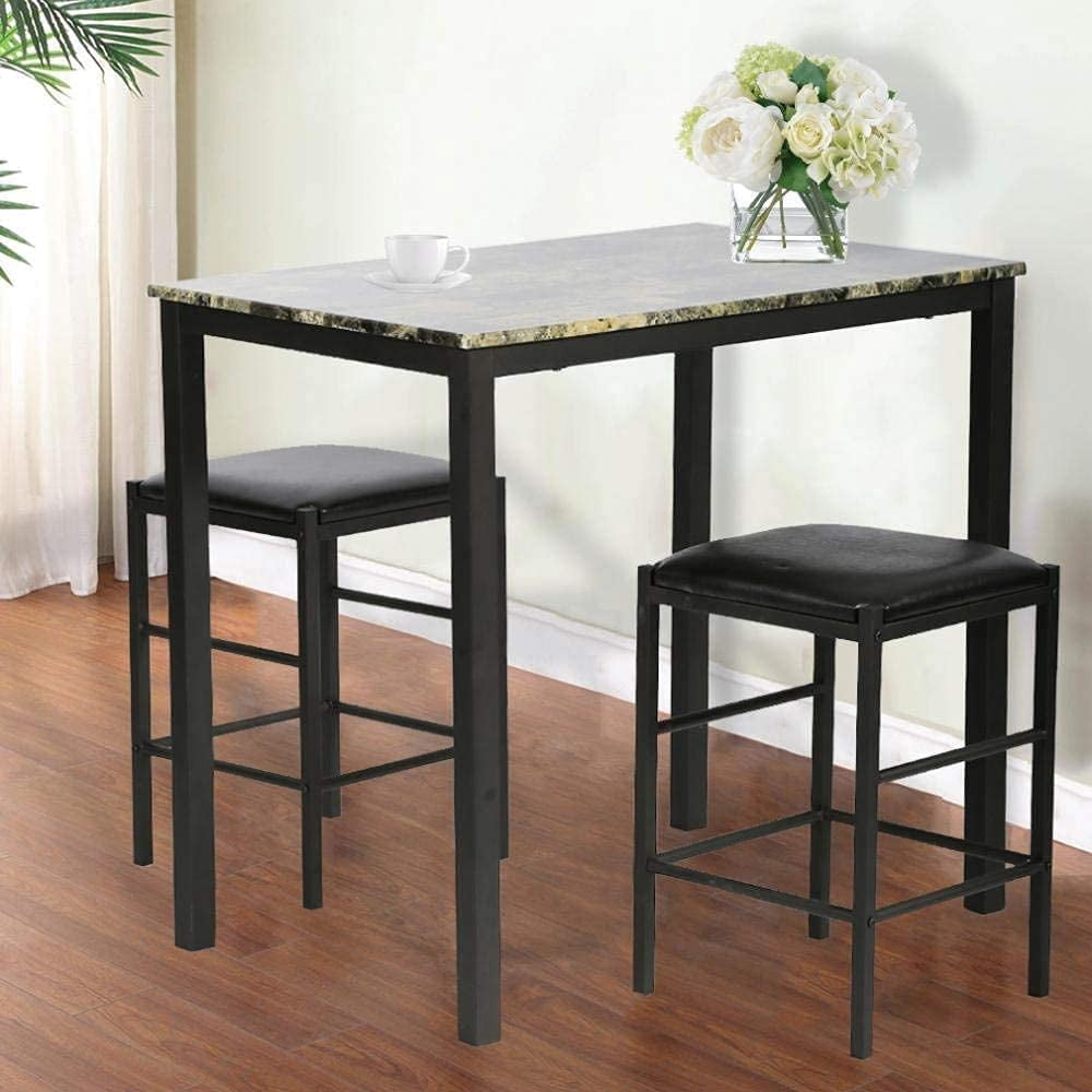 3 Piece Kitchen Dining Table Set Modern Dining Room Table Set for 2 Persons Dining Room Furniture Marble Rectangular Table & 2 Upholstered Dining Chairs for Kitchen