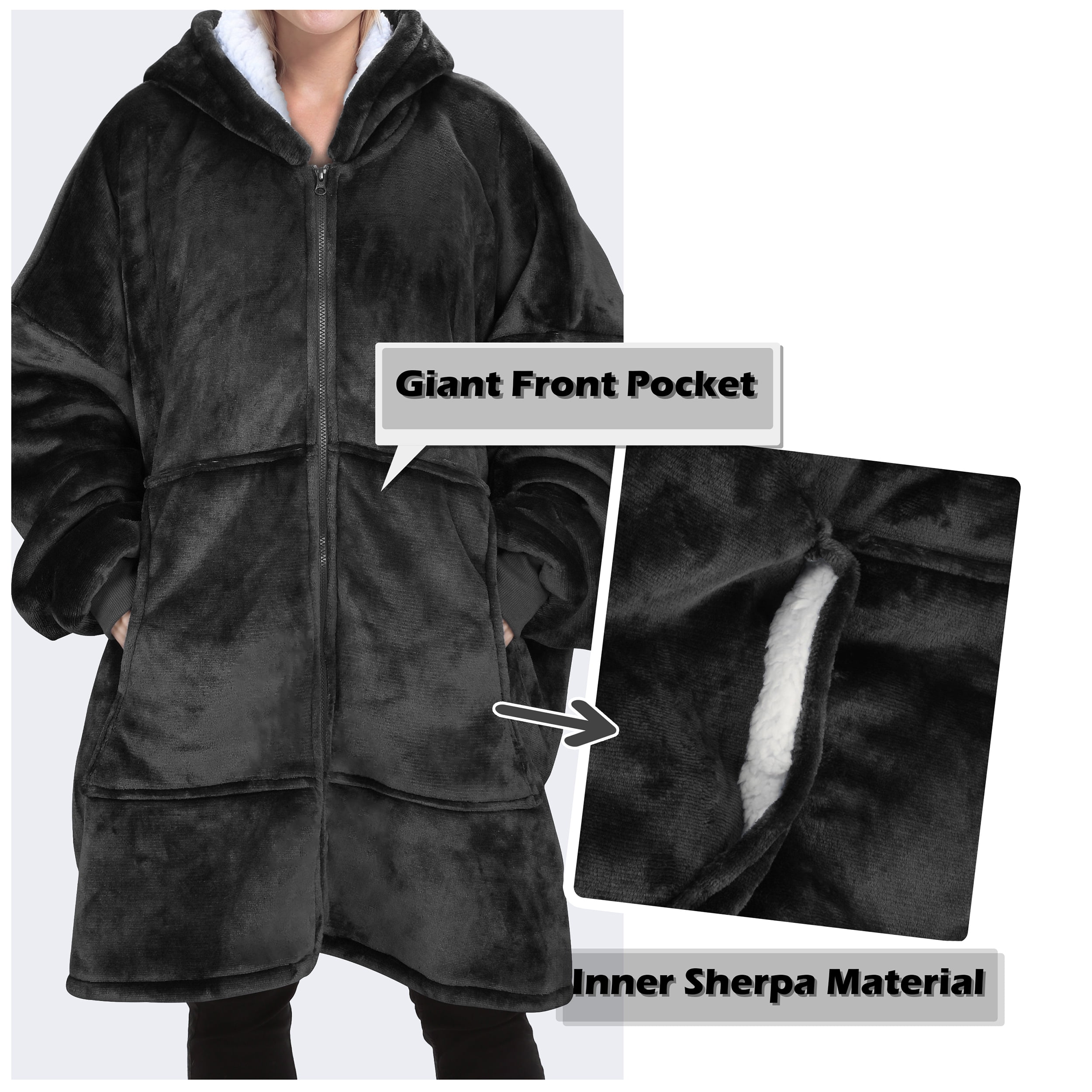 Catalonia Oversized Hoodie Blanket with Zipper, Wearable Sherpa Sweatshirt Pullover, Soft Warm Comfortable Jacket for Adults Men Women, Black