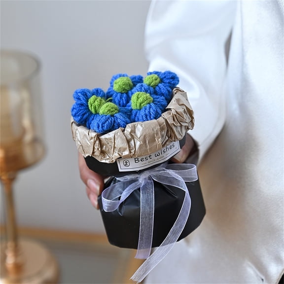 Clearance!!! Valentine's Day Knitted Puff Flower Bouquet Handmade Yarn Arrangement Luxe Style Small Floral Display for Birthday and Valentine's Day Gift (2pcs)