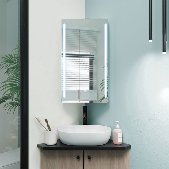 Hironpal Corner Medicine Cabinet with Light,14" x 24" LED Bathroom Mirror Cabinet with Storage,Wall Mounted,White