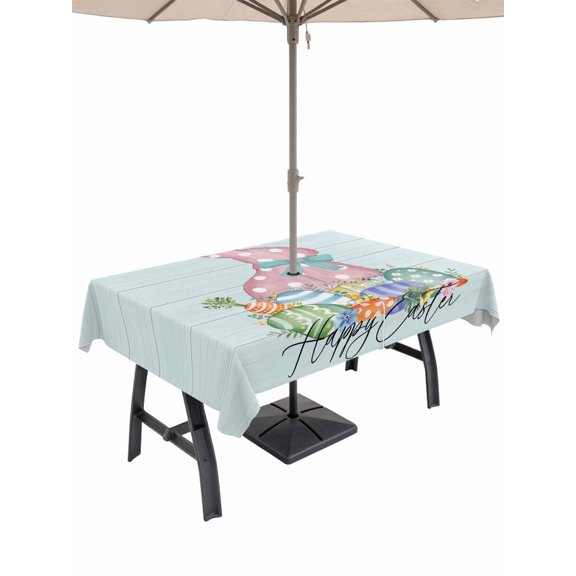 Teal Easter Outdoor Tablecloth - 54x80 Inch Rectangle Dining Table Cover, Spring Polka Dots Bunny Easter Eggs Wooden Waterproof Outdoor Table Cloth with Umbrella Hole & Zipper for Picnic/Patio/Party