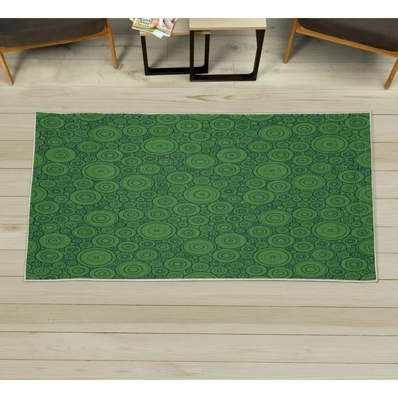 Geometric Decorative Rug, Different Sized Circles and Rounds Simple Style Graphic Print Shabby Home, Quality Carpet for Bedroom Dorm and Living Room, 6 Sizes, Fern Green, by Ambesonne