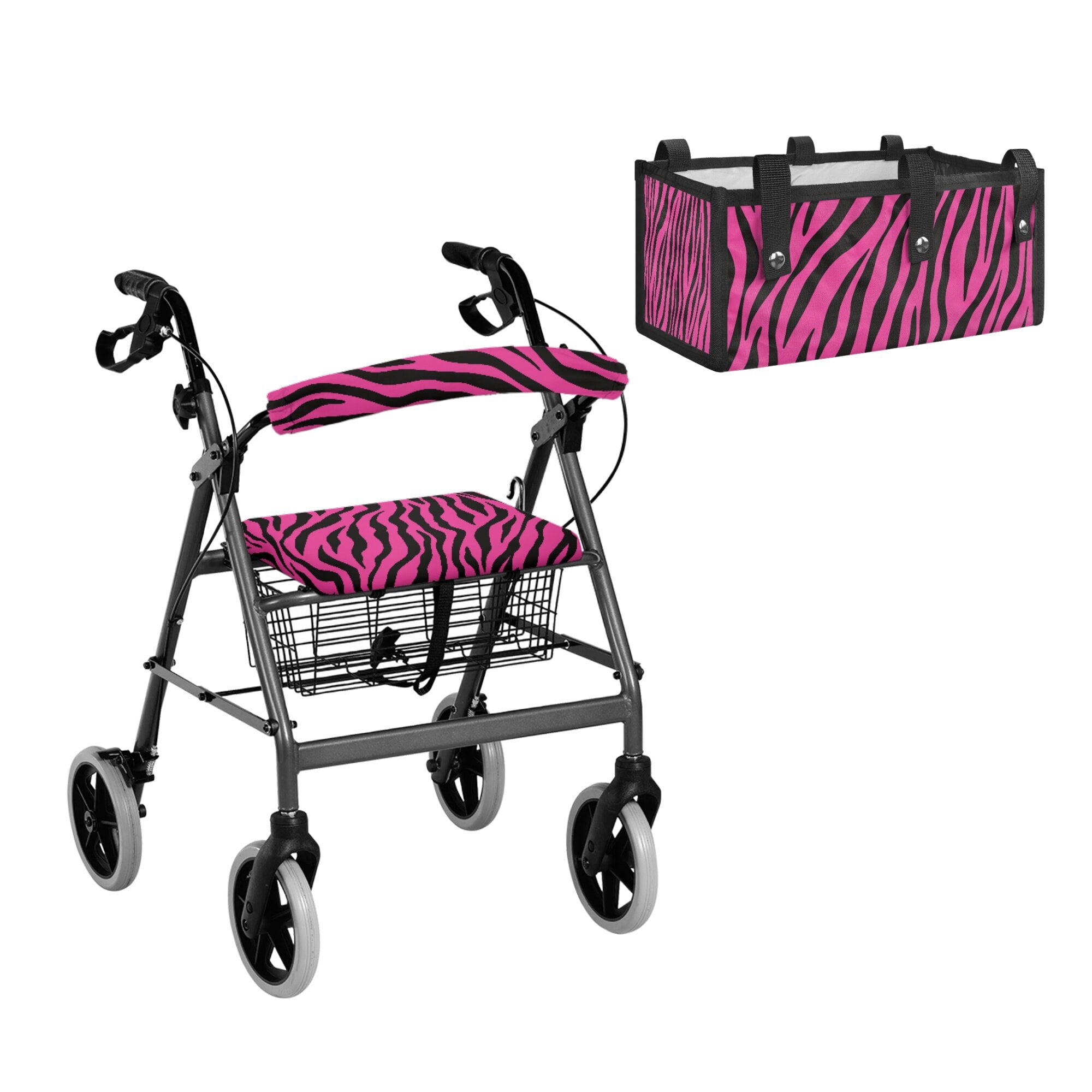 ZIATUBLES Decorative 3-Piece Walker Seat Cover Backrest Cover and Storage Bag Set, Pink Zebra Print Print Stylish Rollator Accessories for Seniors, Fits Most Standard Walkers