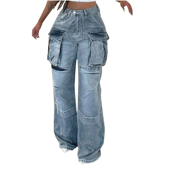 IROINNID Women's Pants Personality Street Large Pocket Patchwork High-Waist Straight Leg Trousers,Blue