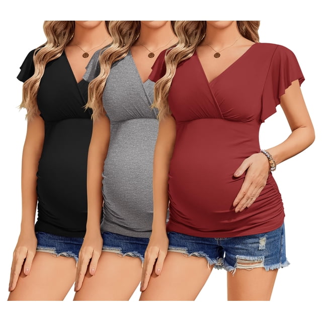 Camisetas de maternidad Ekouaer, 3 paquetes, cuello en V, manga corta, negro/gris/rojo vino