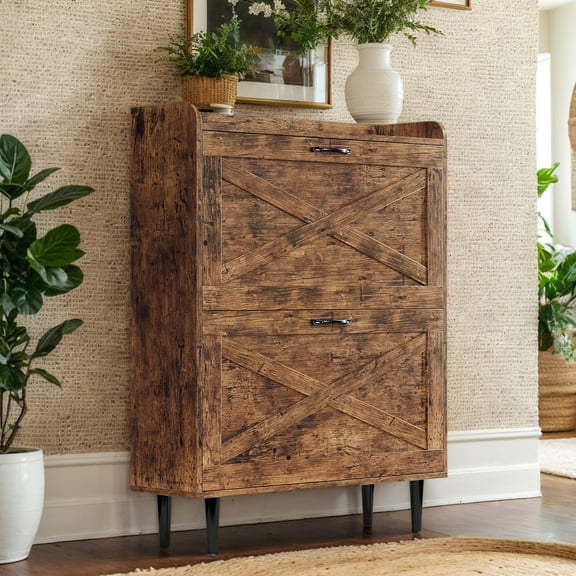 Ktaxon Modern Shoe Storage Cabinet with 2 Flip Drawers, Narrow Freestanding Shoe Organizer for 16 Pairs Shoes, Shoe Rack for Entryway, Brown