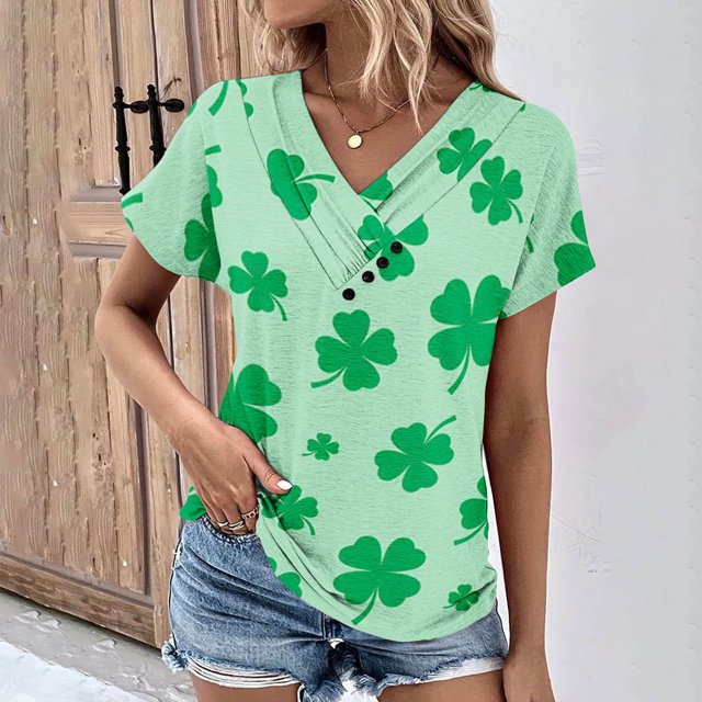 Fiudx Ropa de Mujer Top de Primavera/Verano de Manga Corta Informal con Cuello En V Estampado Del Día de San Patricio para Mujer