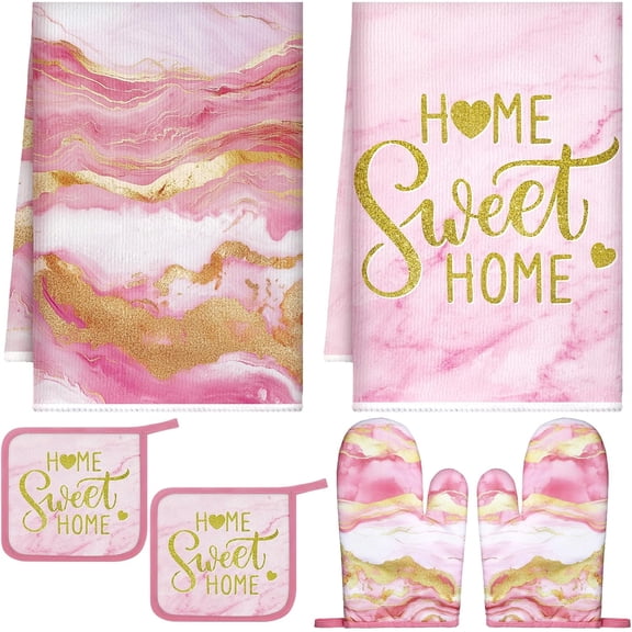 6 Pcs Marble Kitchen Decor Gold Pot Holders Oven Mitts 2 Dish Towels 2 Farmhouse Cooking Mittens Oven Glove and Potholder for Baking Cooking Grilling Supply Accessories(Pink)