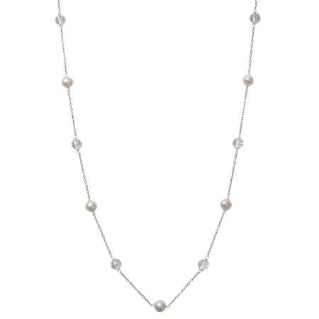Pearl Like Beaded Necklace - White Cultured Freshwater Pearl and Crystal Bead Sterling Silver Chain Link Tin Cup Necklace, 18