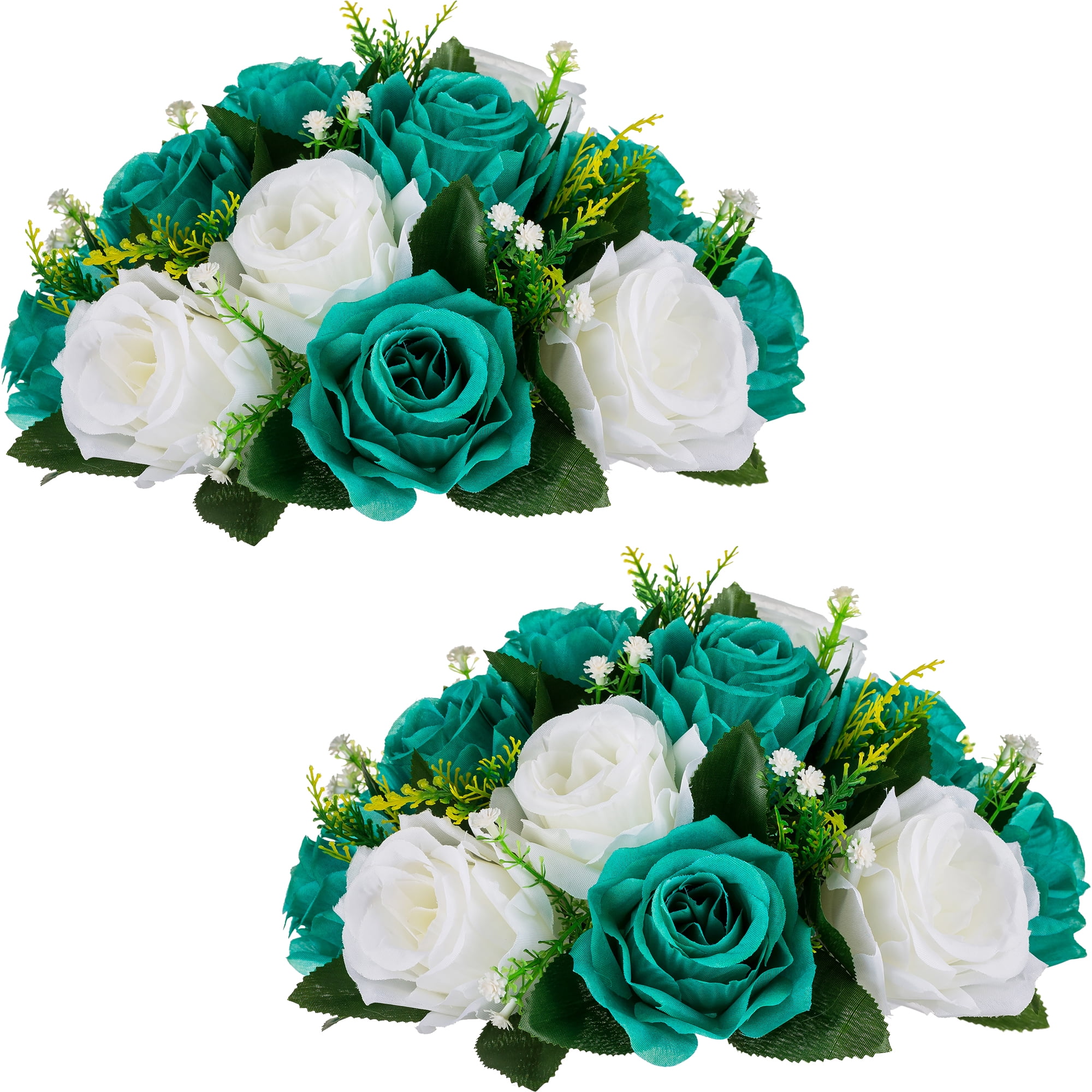 Nuptio 2pcs Teal White Fake Flowers Plastic Floral Ball 15 Heads