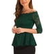 thumbnail image 4 of INSPIRAR CHIC Blusa de Encaje Floral para Mujeres, Off Shoulder, Transparente, Manga 3/4, Top Peplum XS Verde Oscuro, 4 of 5