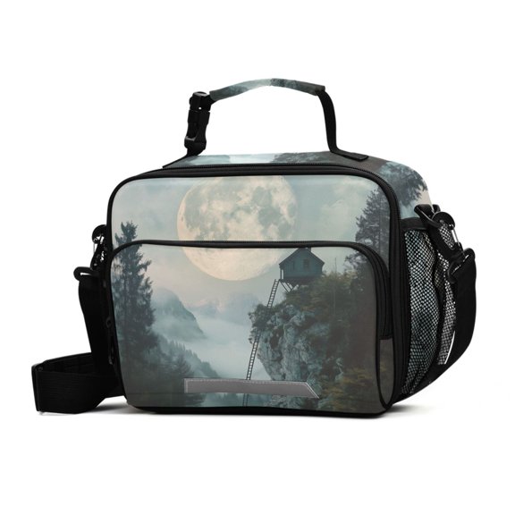 FORMRS Student Insulated Lunch Bag with Shoulder Strap Reusable Cooler Box for School, Moon and House