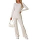 thumbnail image 2 of Conjunto de lounge de punto acanalado para mujer INSPIRE CHIC, con top de mangas largas y pantalones, conjunto de pijama de dos piezas a juego, color blanco, 2 of 5