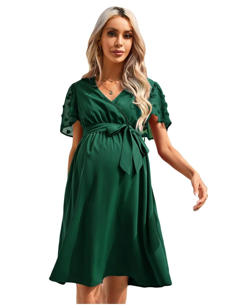 slim fit dress slacks Zapaka Women Ruffles Green Maternity Bridesmaid Dress with Lace-Up Back A Line Long Wedding Party Dress, Green / US8