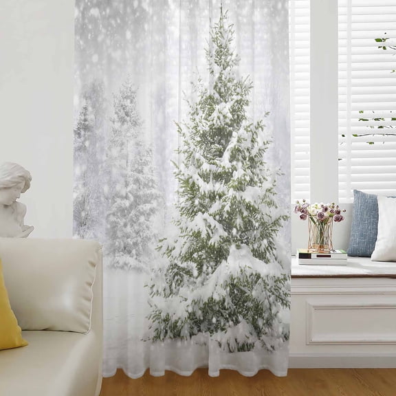 Christmas Pine Tree Semi Sheer Curtains Drapes for Living Room,Bedroom,French Doors Window 108 Inches Long,Winter Snowflakes Forest Snowfall Rod Pocket Chiffon Curtain Drapery Voile Draperies Panel