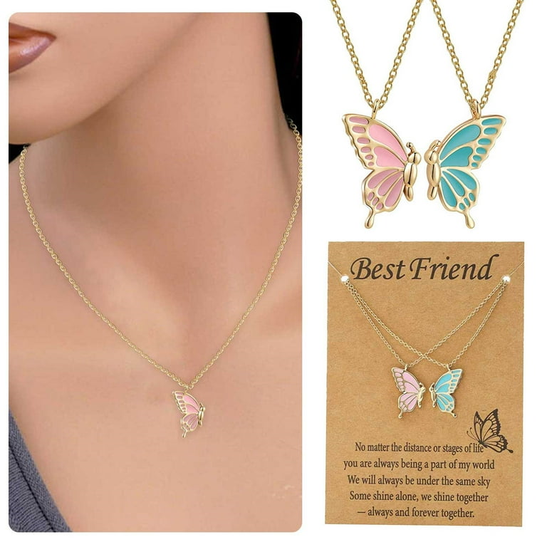 Heiheiup Butterfly Necklace Pendant Two Pack Friendship Necklace Simple  Colorful Butterfly Pendant Pack of Necklaces for Women