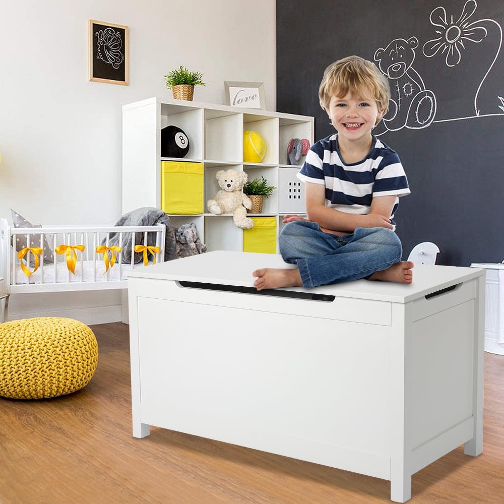 SESSLIFE White Bench Top Toy Box, Toy Storage Box Organizer, Entryway Bench with Lift Top, Toy Storage Chest with 2 Safety Hinges