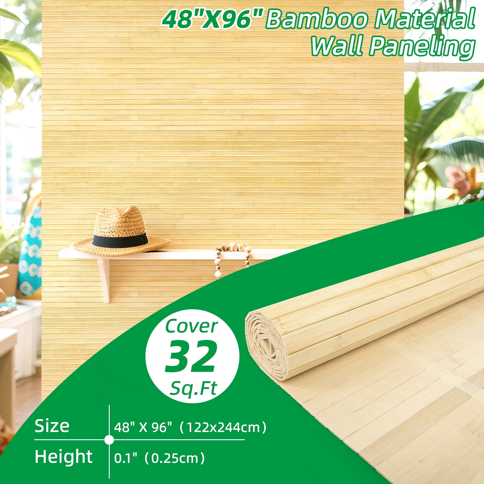 Art3dwallpanel 48'' x 96'' Natural Bamboo Wall Panel for Interior Wall Décor for Living Room, Bedroom,Raw