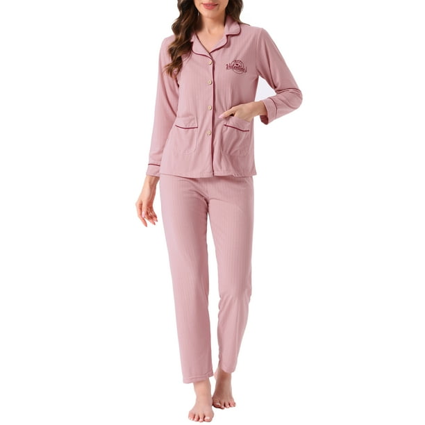 Conjunto de lounge para mujeres INSPIRE CHIC de algodón, con botones, manga larga, pantalones, patrón acanalado y bolsillo, pijama, ropa de estar en casa, 2XL, rosa