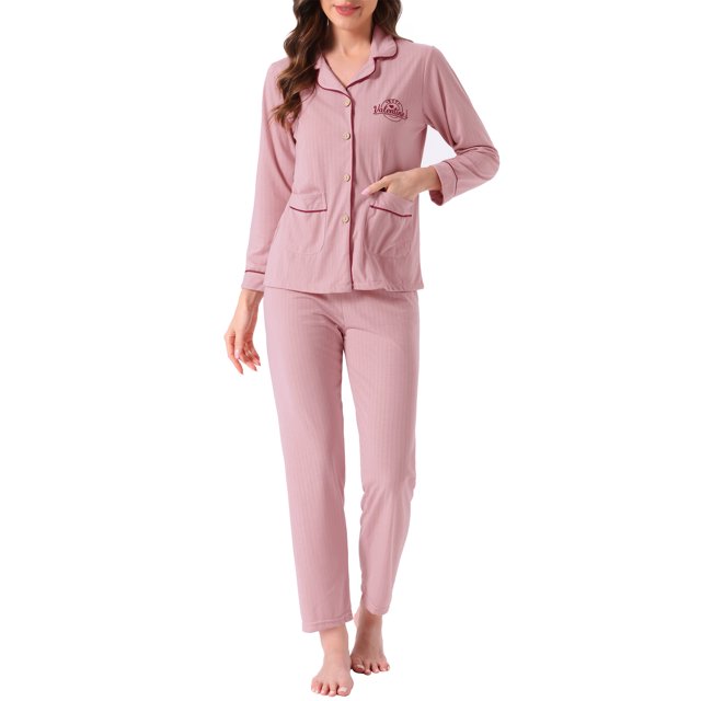 Conjunto de lounge para mujeres INSPIRE CHIC de algodón, con botones, manga larga, pantalones, patrón acanalado y bolsillo, pijama, ropa de estar en casa, 2XL, rosa
