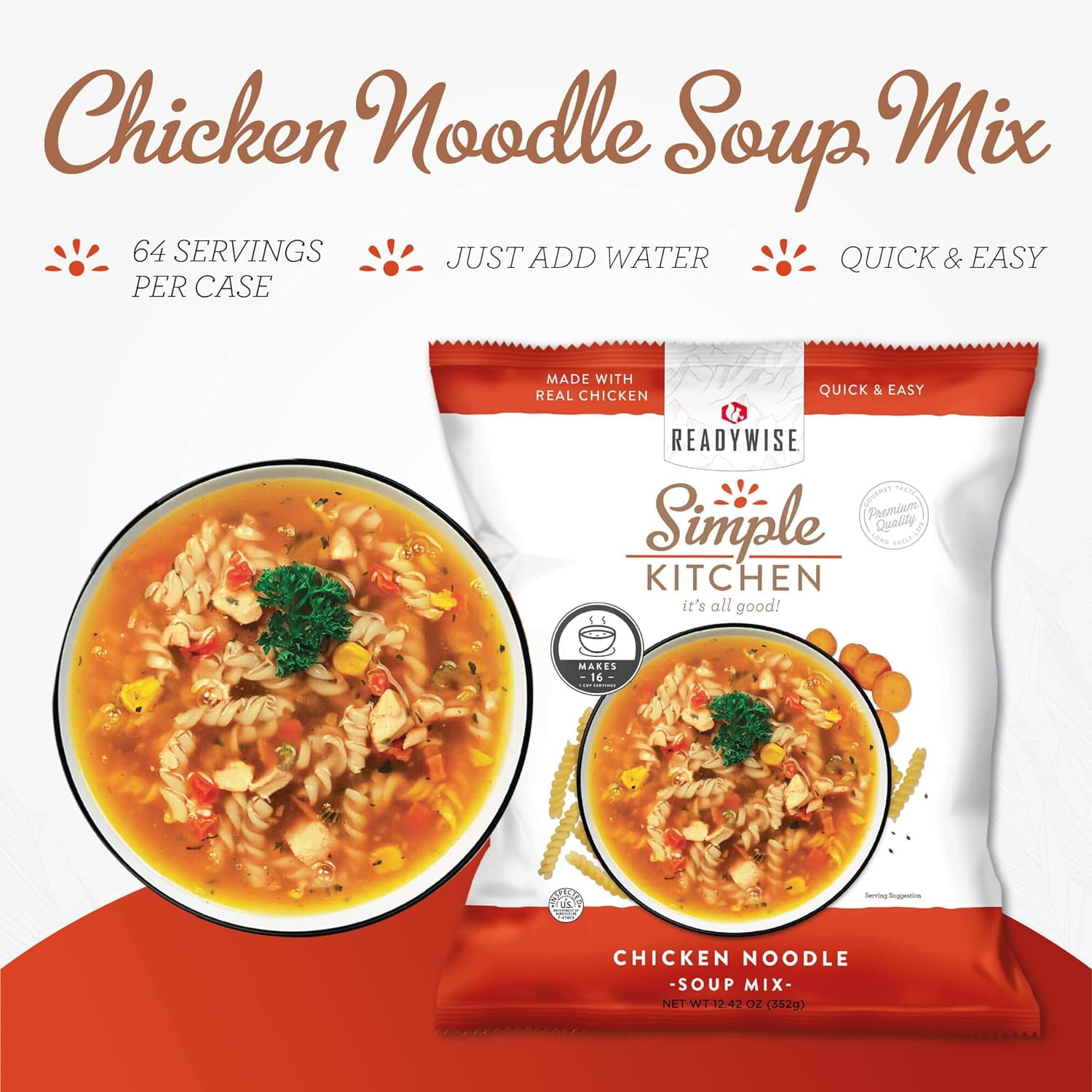 ReadyWise Simple Kitchen|Professional Series|Restaurant-Quality|Chicken Noodle Soup Mix 16 Servings per Pouch|Restaurants, Emergency Food Storage, Meal Prep, Vegetarian & Gluten-Free, Pack of 4