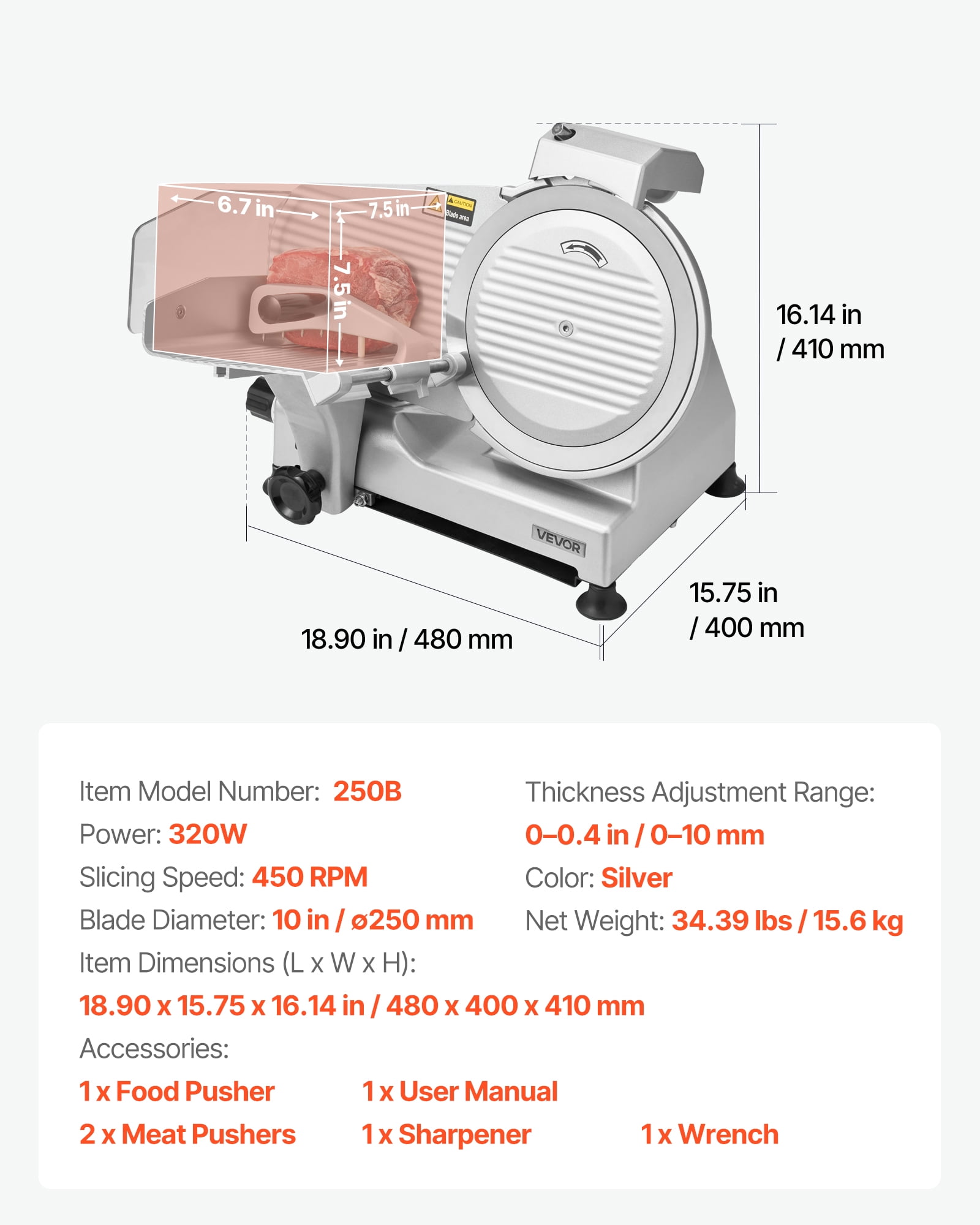 VEVOR Commercial Meat Slicer, 10 inch Electric Deli Slicer Machine, 320W Food-Slicer with SUS420 Blade, 0-0.4 inch Adjustable Thickness, for Frozen Meat, Ham, Baguett, Steak