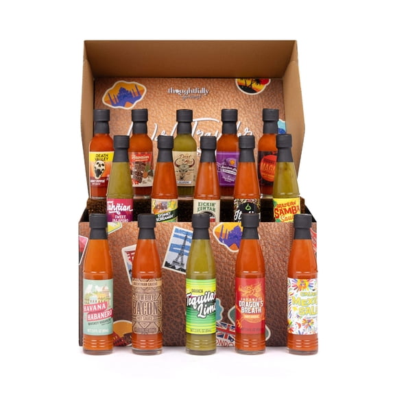 Thoughtfully Gourmet World Traveler Suitcase Hot Sauce Gift Set, Traveler Variety Pack, 15 Count