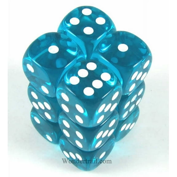 Teal Translucent D6 Dice with White Pips 16mm (5/8in) Pack of 12