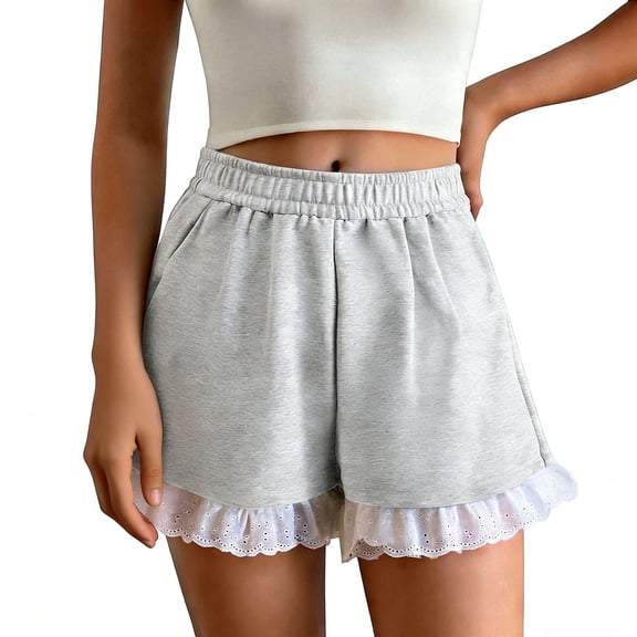 Sageysalite Athletic Shorts for Women Elastic High Waisted Ruffle Lace Hem Loose Fit Soft Sweet Summer Shorts