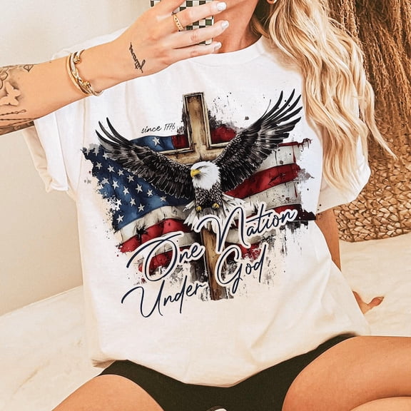 One Nation Under God T-Shirt, Christian 4th of July Tee, Eagle Cross Memorial Day Shirt, Patriotic USA Independence Day Tee