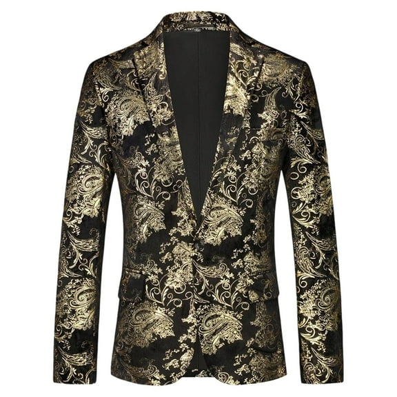 XUNKUSGA Mens Floral Suit Fashion Jacquard Slim Fit Two Button Blazer for Men Shawl Lapel Men's Tuxedos Wedding Party Prom Suit Coat M-5XL Gold