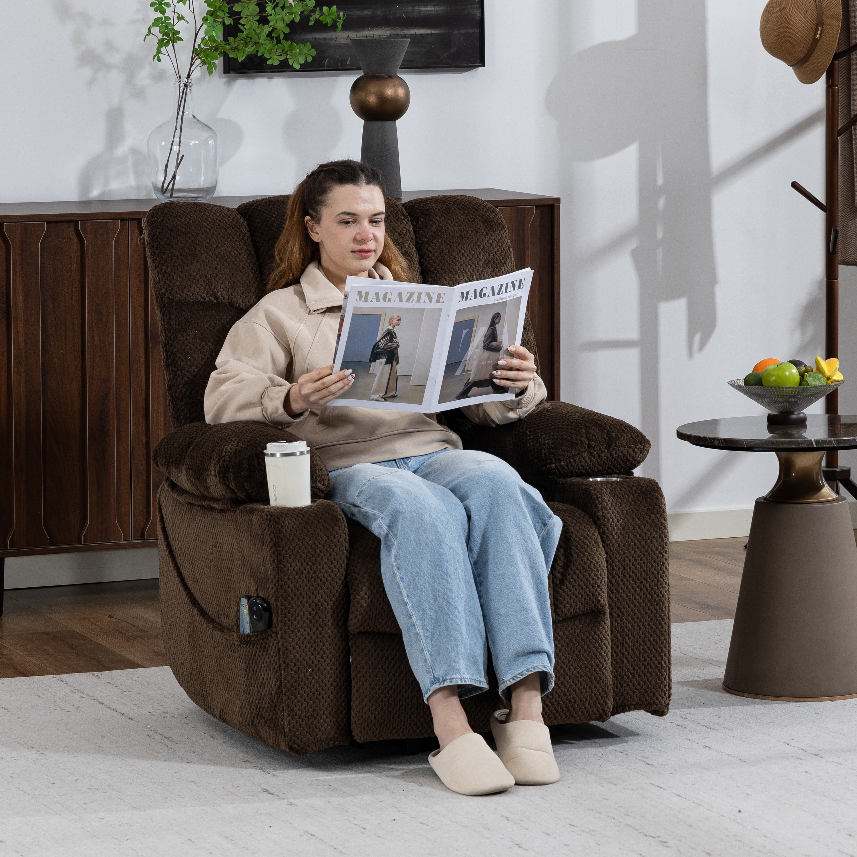 Power Lift Recliner Chair, Paproos Power Lift Recliner with Massage and Heat for Elderly, Reclining Sofa with Cup Holders & Side Pockets for Living Room, Velvet Fabric, Brown