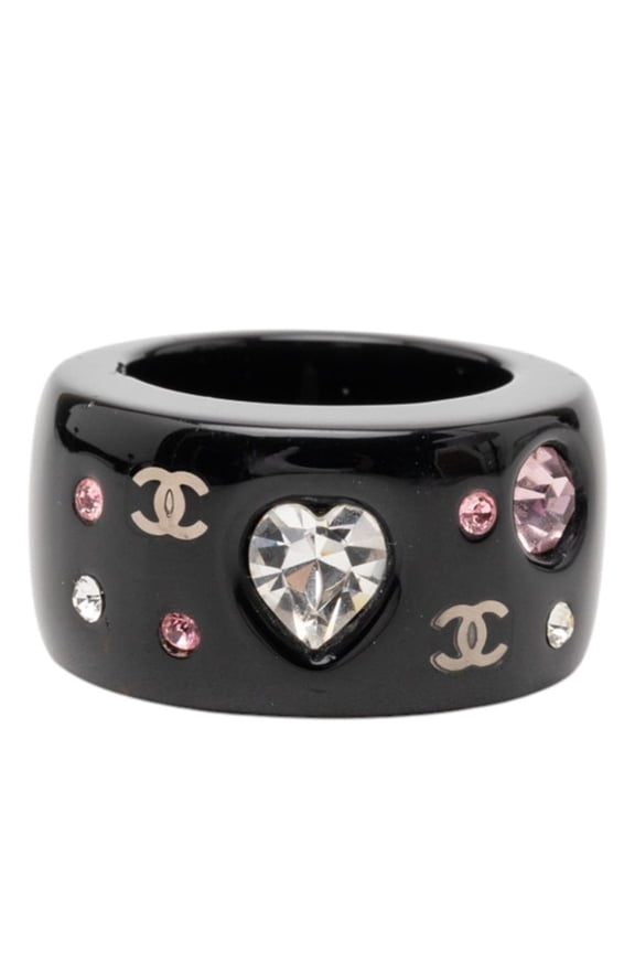 Pre-Owned Chanel Coco Mark Heart Ring, Black Multicolor Plastic Rhinestone Women's CHANEL