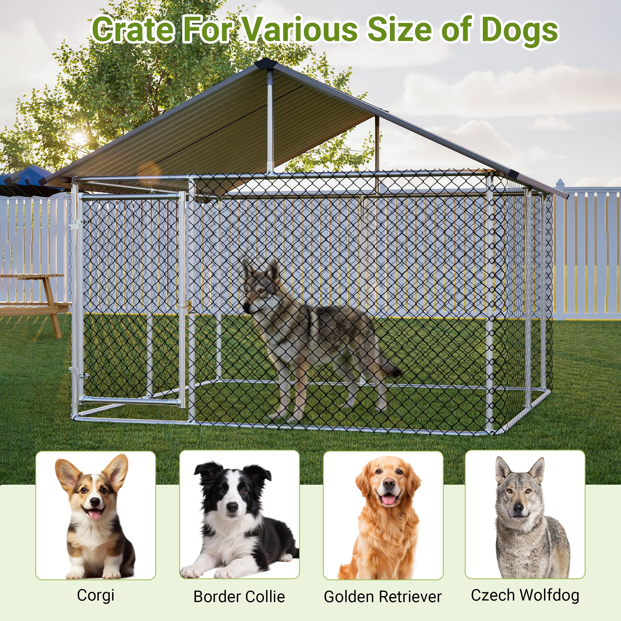 Heavy Duty Galvanized Steel Dog Kennel Outdoor Large Pet Enclosure with Waterproof UV-Resistant Roof, Secure Locking Door for Large Breed Dogs, Backyard, Patio - 91" x 90" x 73"