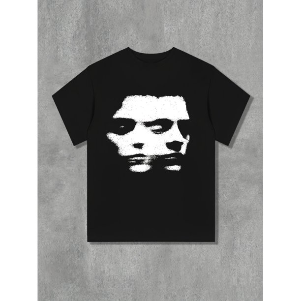 Men'S Casual Crew Neck T-Shirt, 100% Cotton Knit Fabric, Geometric Print, Loose Fit, Summer Regular Length Tee, 180gsm - Black