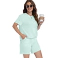 thumbnail image 3 of Asklazy Two Piece Sets for Women Summer Travel Vacation Outfits Pleated Short Sleeve Lounge Sets,Mother‘s Day,Iceland Green,2XL, 3 of 9