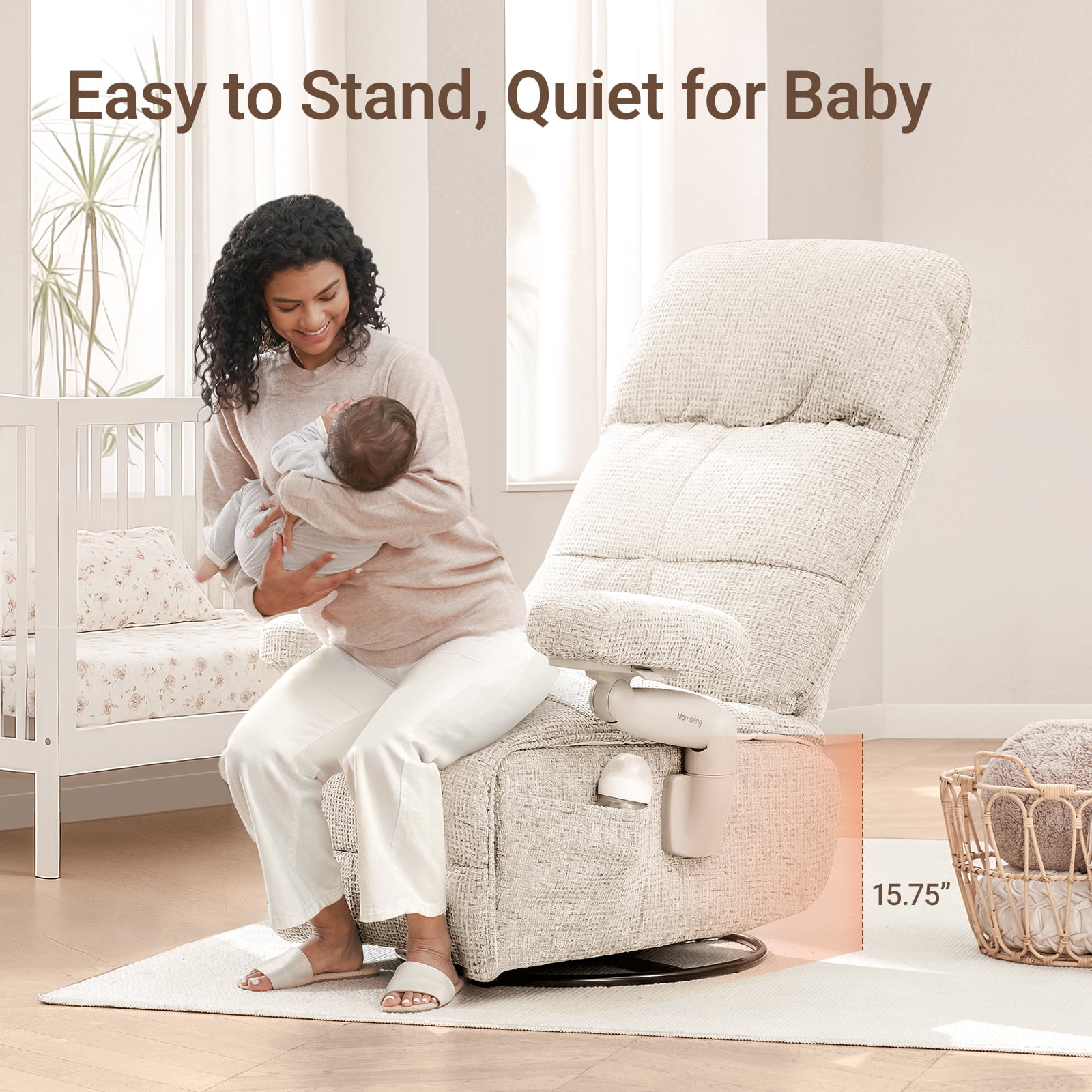 MAMAZING Nursery Chair Silent Rocking Ergonomic Removable Swivel Glider Recliner, Adjustable Armrests & Headrest, White
