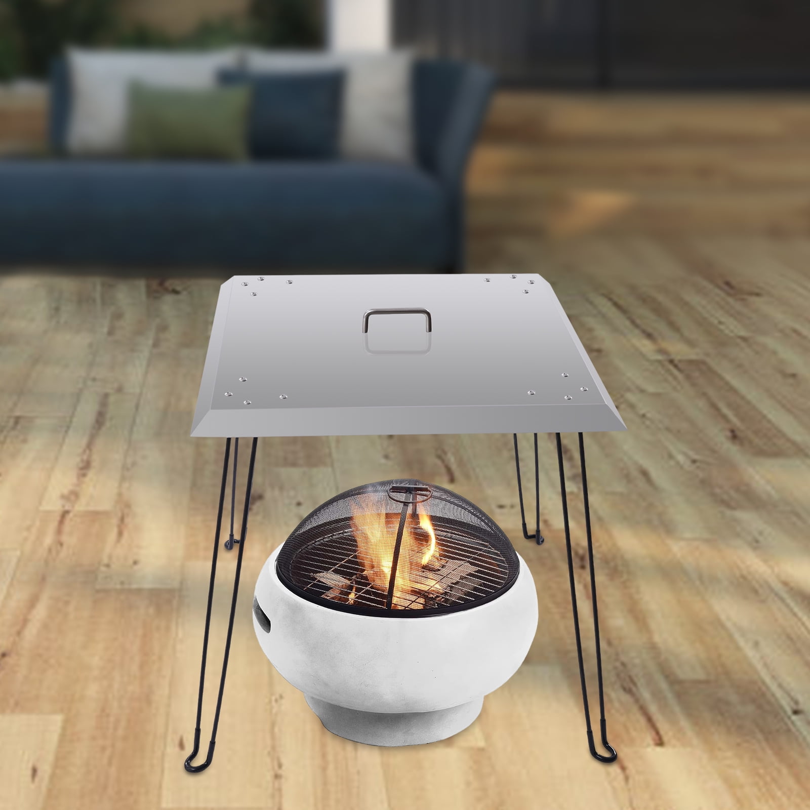 61*61*61cm Silver Square Stainless Steel Outdoors Fire Pit Heat Deflector Pushes Heat Down and Out with Carrying Handle