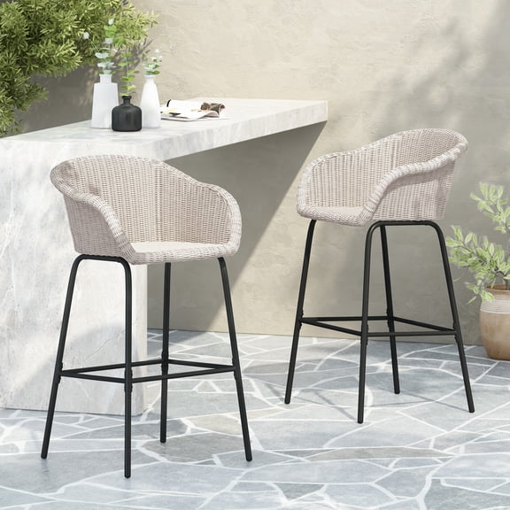 Outdoor Metal Wicker Barstool Set of 2,Patio Counter Height Chairs for Garden,Backyard,Light Gray