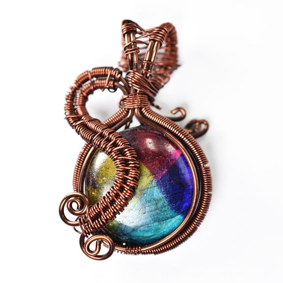 Natural Labradorite Quality Copper Wrapped Round Pendant, 75.15 Carat